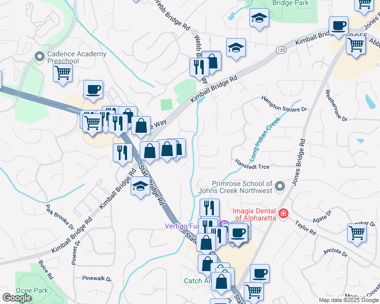 map of restaurants, bars, coffee shops, grocery stores, and more near 160 Brookhollow Trce in Alpharetta