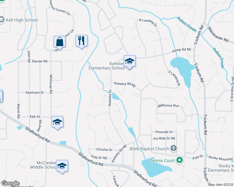 map of restaurants, bars, coffee shops, grocery stores, and more near 4334 Keheley Lake Court in Marietta
