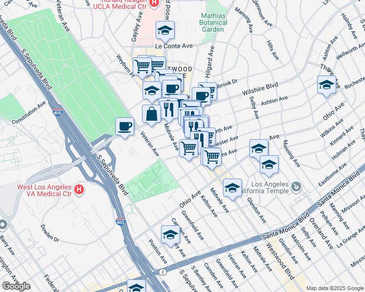map of restaurants, bars, coffee shops, grocery stores, and more near 1300 Midvale Avenue in Los Angeles