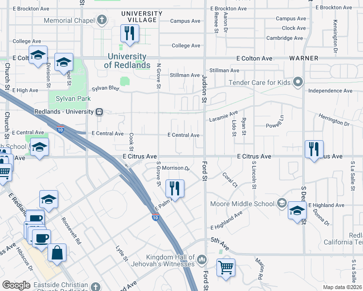 map of restaurants, bars, coffee shops, grocery stores, and more near 1325 East Citrus Avenue in Redlands