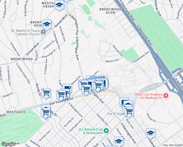 map of restaurants, bars, coffee shops, grocery stores, and more near 11645 Montana Avenue in Los Angeles