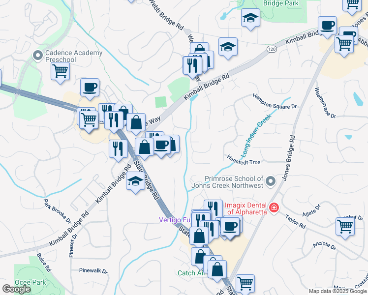 map of restaurants, bars, coffee shops, grocery stores, and more near 160 Brookhollow Trce in Alpharetta