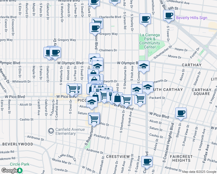 map of restaurants, bars, coffee shops, grocery stores, and more near 1123 South Shenandoah Street in Los Angeles