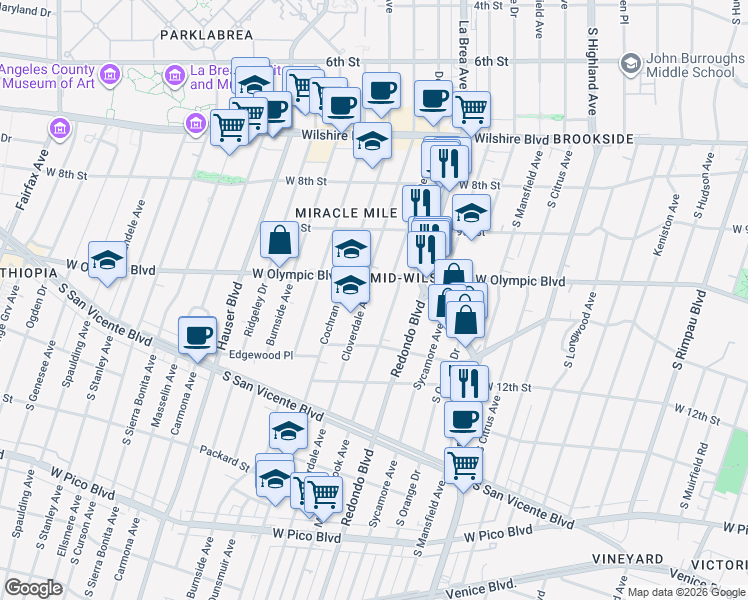 map of restaurants, bars, coffee shops, grocery stores, and more near 1024 Cloverdale Avenue in Los Angeles
