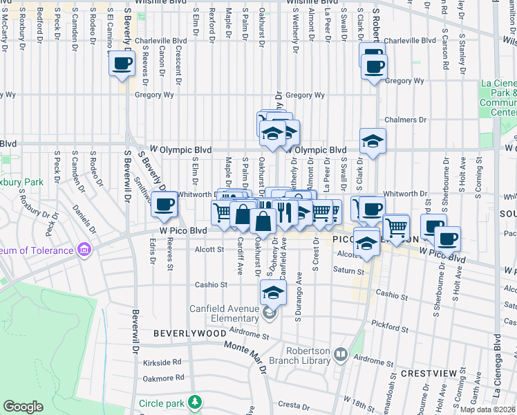 map of restaurants, bars, coffee shops, grocery stores, and more near 1125 South Oakhurst Drive in Los Angeles