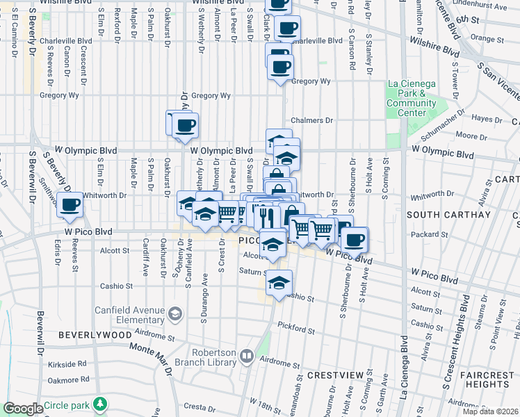 map of restaurants, bars, coffee shops, grocery stores, and more near 1125 South Clark Drive in Los Angeles