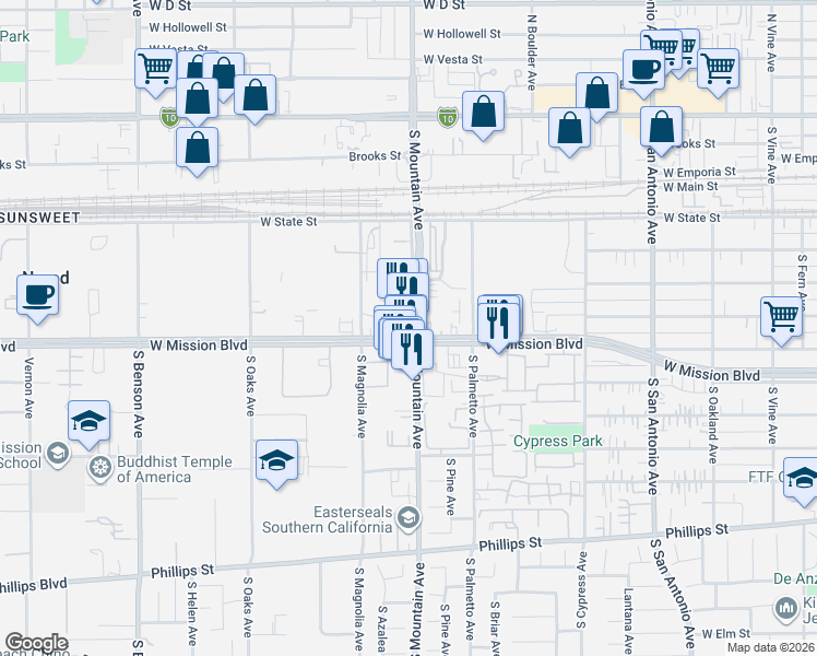map of restaurants, bars, coffee shops, grocery stores, and more near 1108 West Mission Boulevard in Ontario