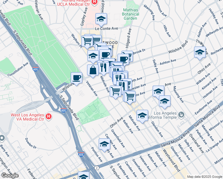 map of restaurants, bars, coffee shops, grocery stores, and more near 10957 Rochester Avenue in Los Angeles