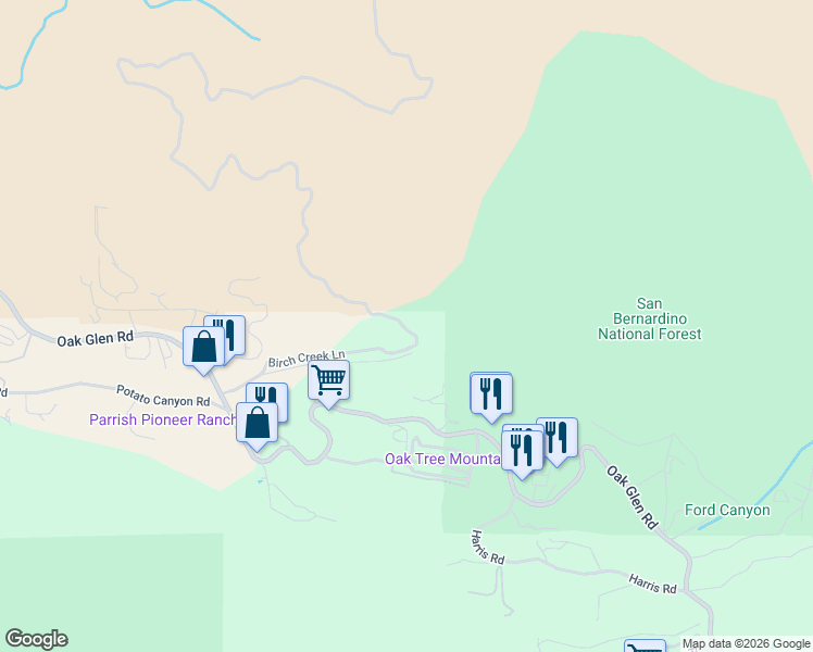 map of restaurants, bars, coffee shops, grocery stores, and more near 38838 Birch Creek Lane in Oak Glen