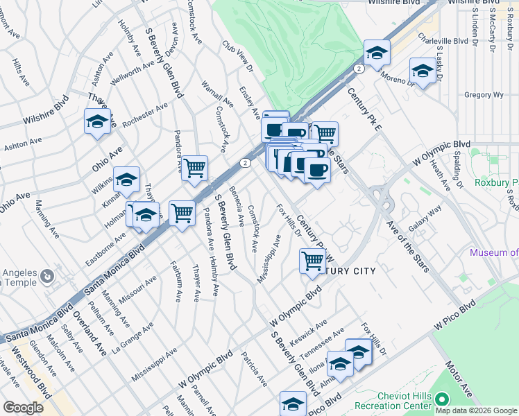 map of restaurants, bars, coffee shops, grocery stores, and more near 10323 Dunkirk Avenue in Los Angeles
