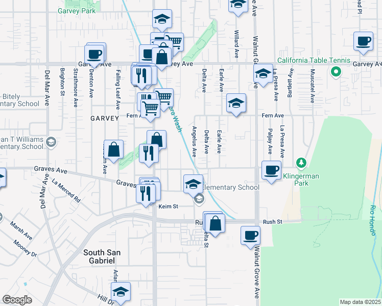 map of restaurants, bars, coffee shops, grocery stores, and more near 2417 Angelus Avenue in Rosemead