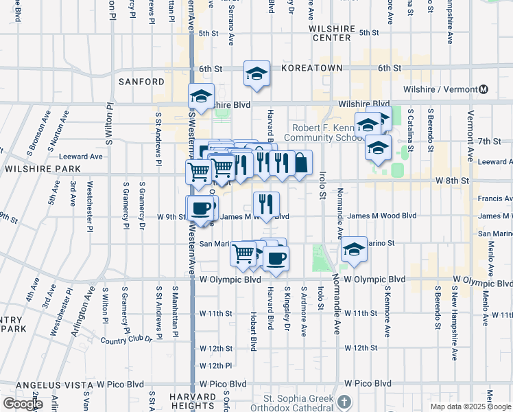 map of restaurants, bars, coffee shops, grocery stores, and more near 840 South Hobart Boulevard in Los Angeles
