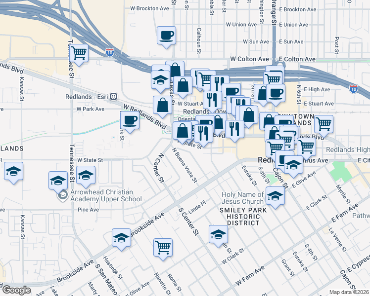 map of restaurants, bars, coffee shops, grocery stores, and more near 66 North Buena Vista Street in Redlands