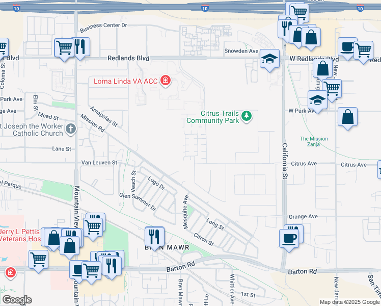 map of restaurants, bars, coffee shops, grocery stores, and more near 26101-26199 Danbury Drive in Redlands