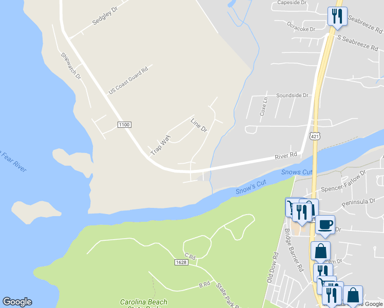 map of restaurants, bars, coffee shops, grocery stores, and more near 7829 Cypress Island Drive in Wilmington