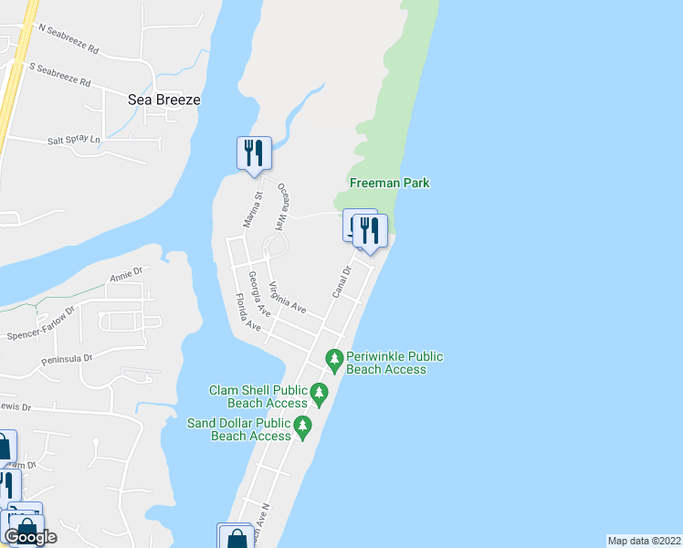 map of restaurants, bars, coffee shops, grocery stores, and more near 1717 Canal Drive in Carolina Beach