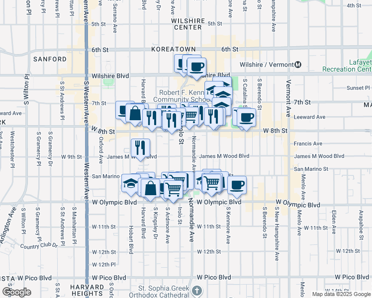 map of restaurants, bars, coffee shops, grocery stores, and more near 848 Irolo Street in Los Angeles