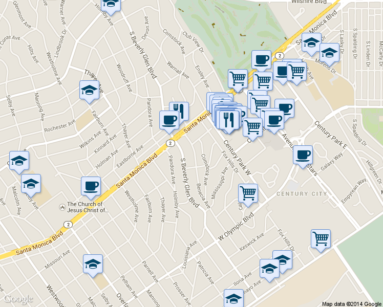 map of restaurants, bars, coffee shops, grocery stores, and more near 1849 Benecia Avenue in Los Angeles