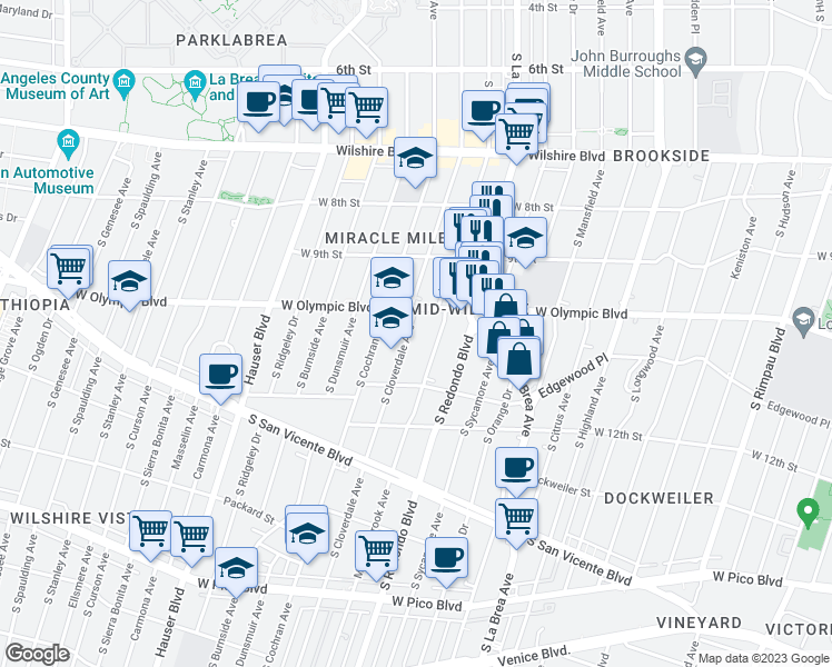 map of restaurants, bars, coffee shops, grocery stores, and more near 1024 Cloverdale Avenue in Los Angeles