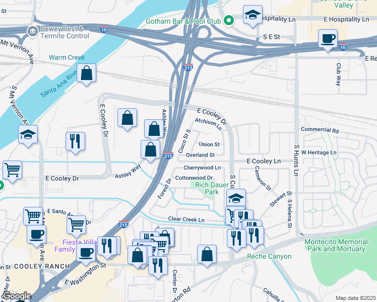 map of restaurants, bars, coffee shops, grocery stores, and more near 1812 Overland Street in Colton