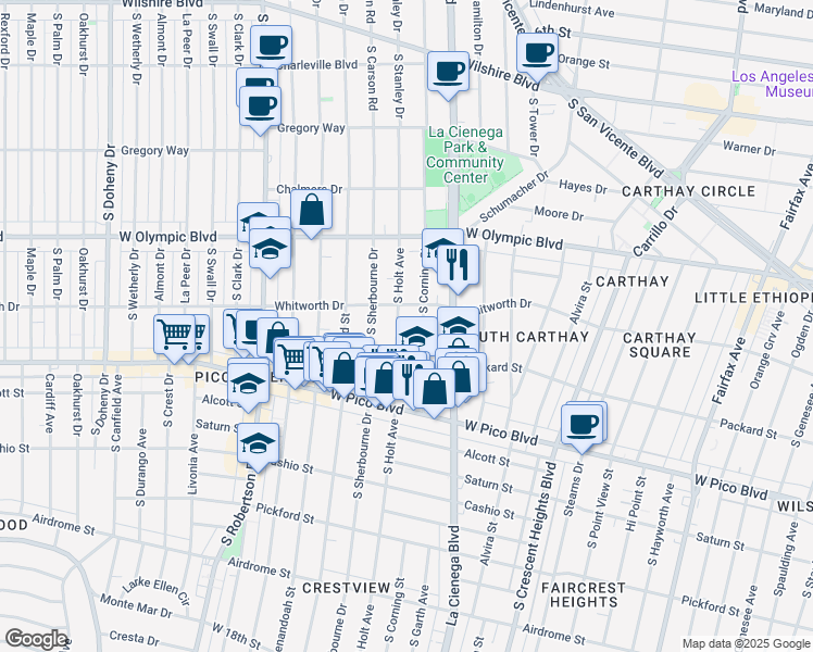 map of restaurants, bars, coffee shops, grocery stores, and more near 1122 South Holt Avenue in Los Angeles