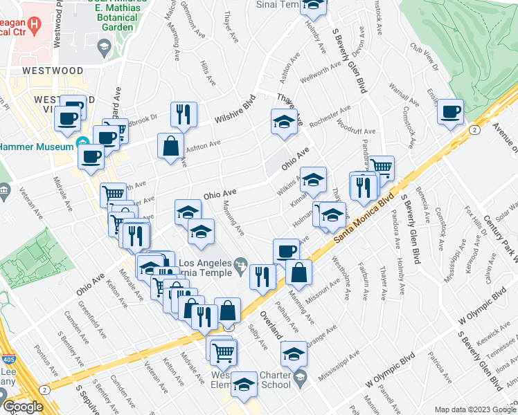 map of restaurants, bars, coffee shops, grocery stores, and more near 10640 Wilkins Avenue in Los Angeles