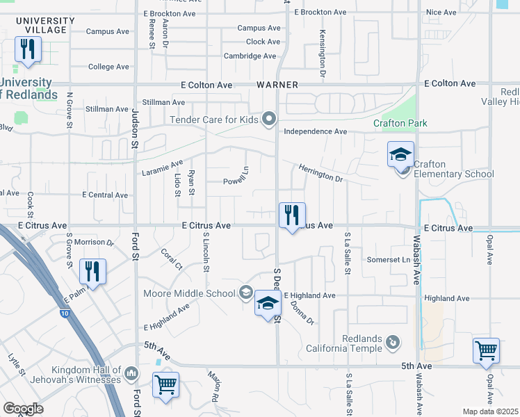 map of restaurants, bars, coffee shops, grocery stores, and more near 1584 Christopher Lane in Redlands