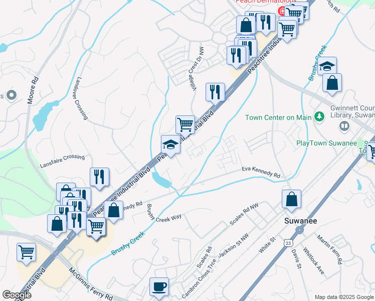map of restaurants, bars, coffee shops, grocery stores, and more near 701 Eva Kennedy Road in Suwanee