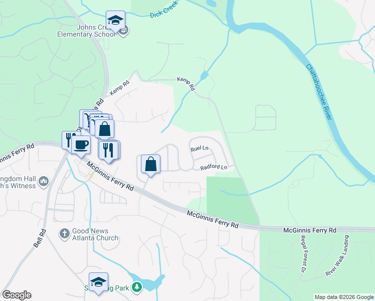 map of restaurants, bars, coffee shops, grocery stores, and more near 8905 Friarbridge Drive in Suwanee