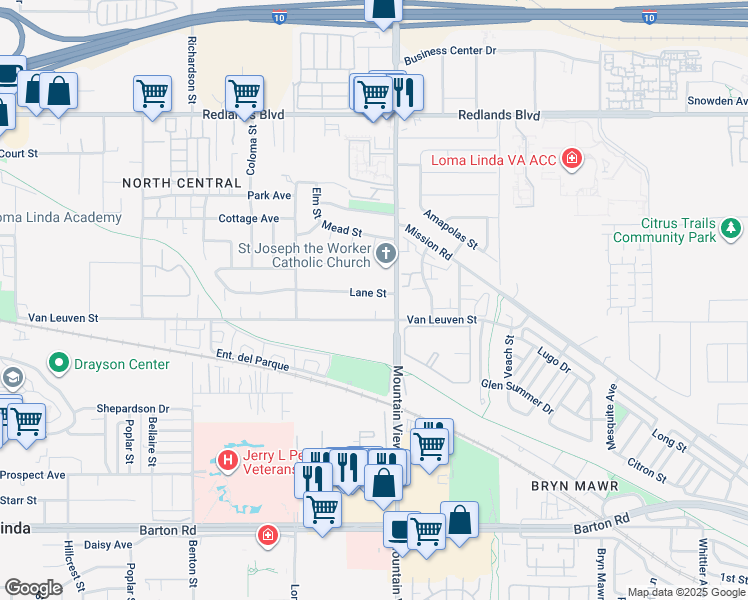 map of restaurants, bars, coffee shops, grocery stores, and more near 25655 Lane Street in Loma Linda