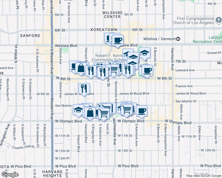 map of restaurants, bars, coffee shops, grocery stores, and more near 848 Irolo Street in Los Angeles