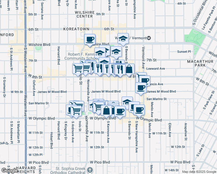 map of restaurants, bars, coffee shops, grocery stores, and more near 3089 West 9th Street in Los Angeles