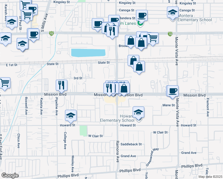 map of restaurants, bars, coffee shops, grocery stores, and more near 4449 Mission Boulevard in Montclair