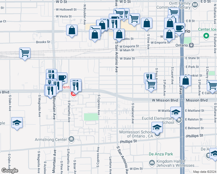 map of restaurants, bars, coffee shops, grocery stores, and more near 733 West Nevada Street in Ontario