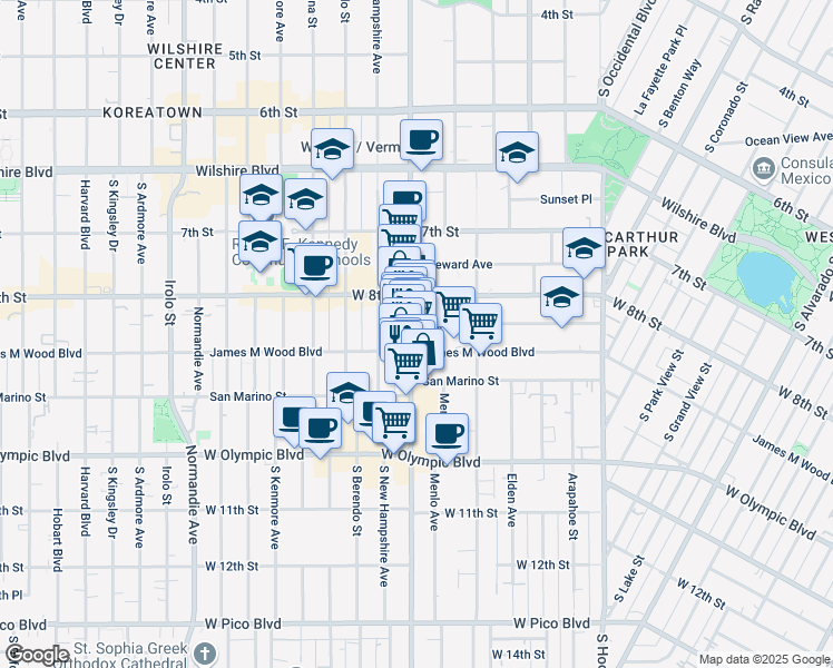 map of restaurants, bars, coffee shops, grocery stores, and more near 888 South Vermont Avenue in Los Angeles