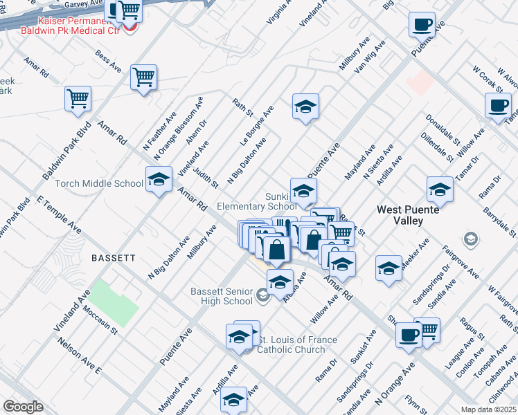 map of restaurants, bars, coffee shops, grocery stores, and more near 13714 Shaver Street in La Puente