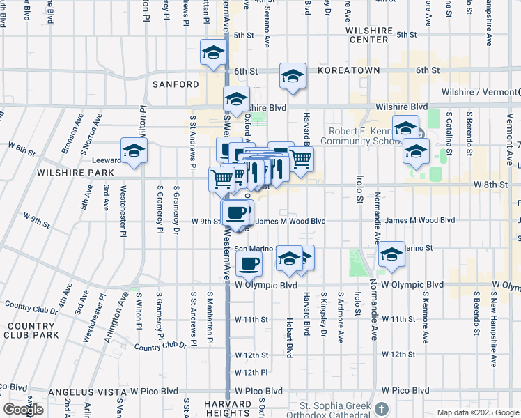 map of restaurants, bars, coffee shops, grocery stores, and more near 841 South Serrano Avenue in Los Angeles