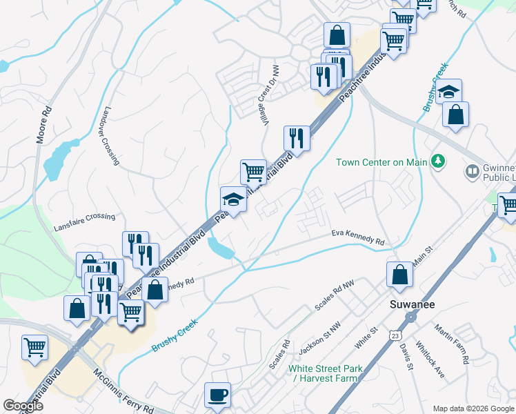 map of restaurants, bars, coffee shops, grocery stores, and more near 701 Eva Kennedy Road in Suwanee