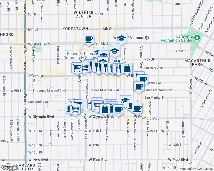 map of restaurants, bars, coffee shops, grocery stores, and more near 845 South Kenmore Avenue in Los Angeles