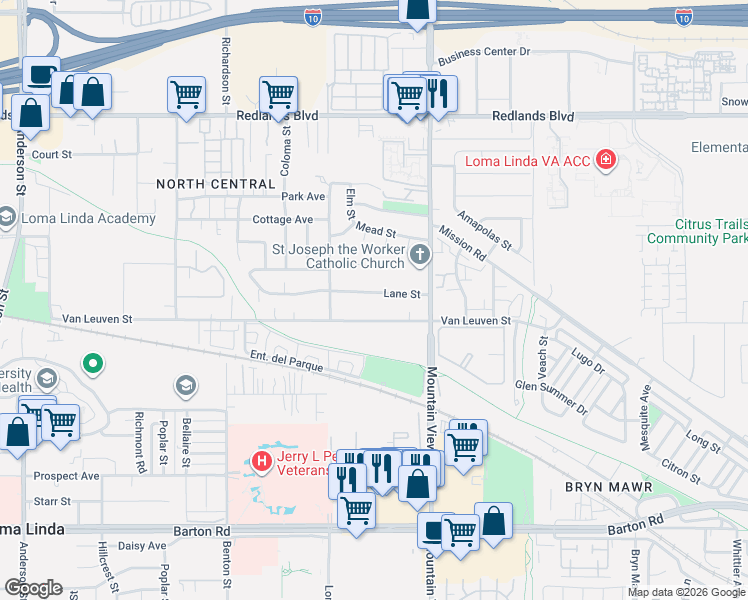 map of restaurants, bars, coffee shops, grocery stores, and more near 25598 Van Leuven Street in Loma Linda