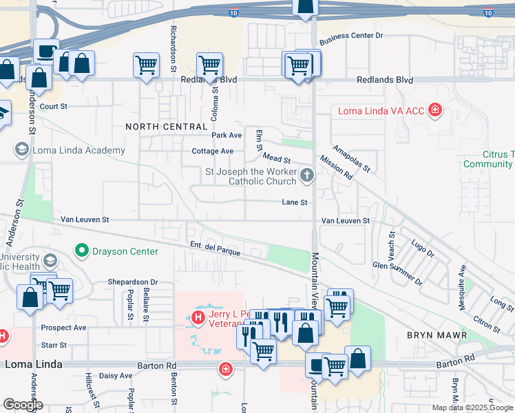 map of restaurants, bars, coffee shops, grocery stores, and more near 25526 Van Leuven Street in Loma Linda