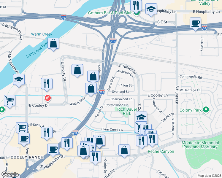 map of restaurants, bars, coffee shops, grocery stores, and more near 1812 Overland Street in Colton