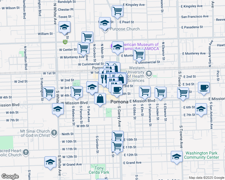 map of restaurants, bars, coffee shops, grocery stores, and more near 395 South Thomas Street in Pomona