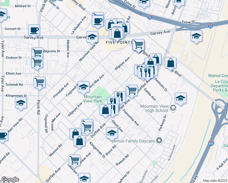 map of restaurants, bars, coffee shops, grocery stores, and more near 2712 Maxson Road in El Monte