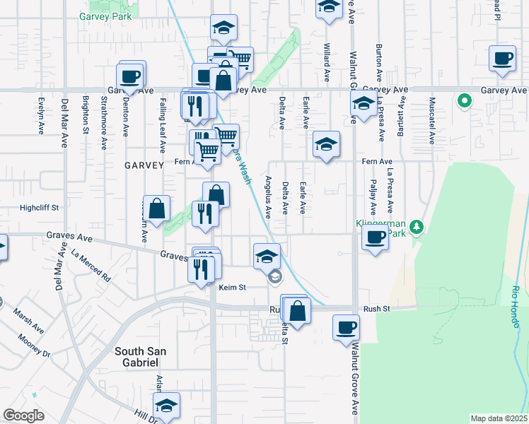 map of restaurants, bars, coffee shops, grocery stores, and more near 2417 Angelus Avenue in Rosemead