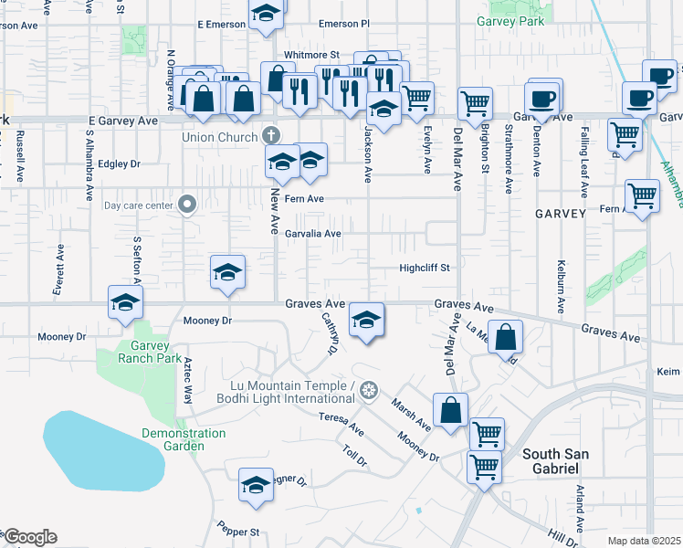 map of restaurants, bars, coffee shops, grocery stores, and more near 7512 Melrose Avenue in Rosemead