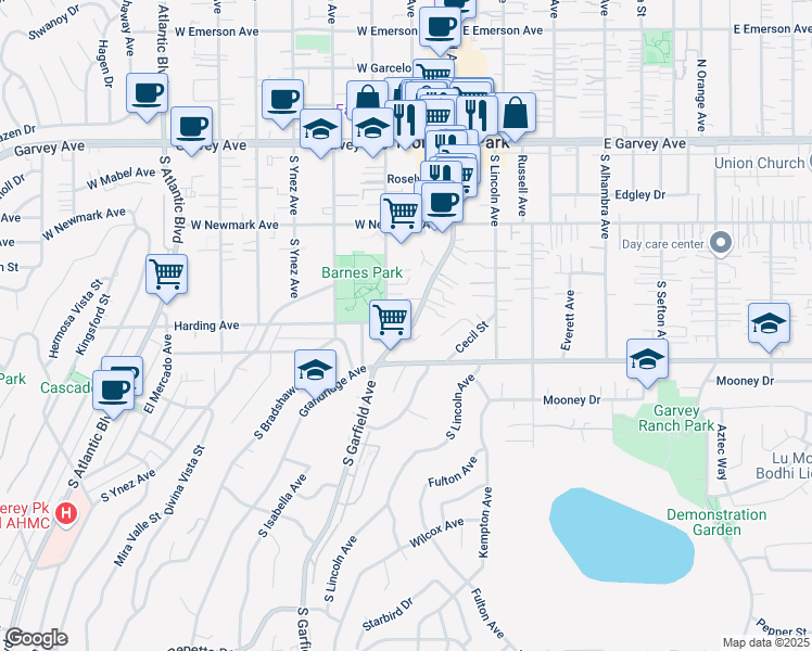 map of restaurants, bars, coffee shops, grocery stores, and more near 515 Garfield Avenue South in Monterey Park