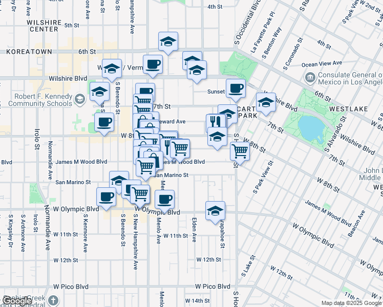map of restaurants, bars, coffee shops, grocery stores, and more near 2761 West 9th Street in Los Angeles
