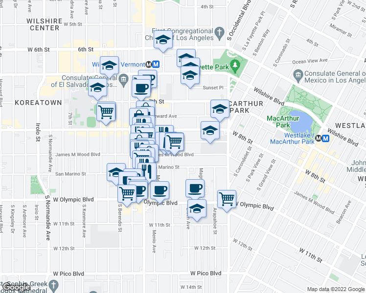 map of restaurants, bars, coffee shops, grocery stores, and more near 2761 West 9th Street in Los Angeles