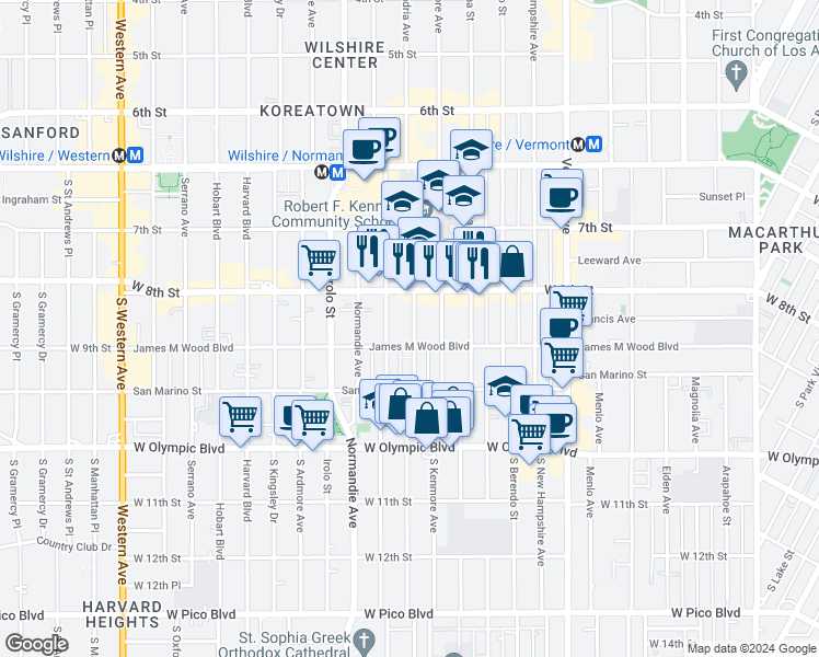 map of restaurants, bars, coffee shops, grocery stores, and more near 3089 West 9th Street in Los Angeles